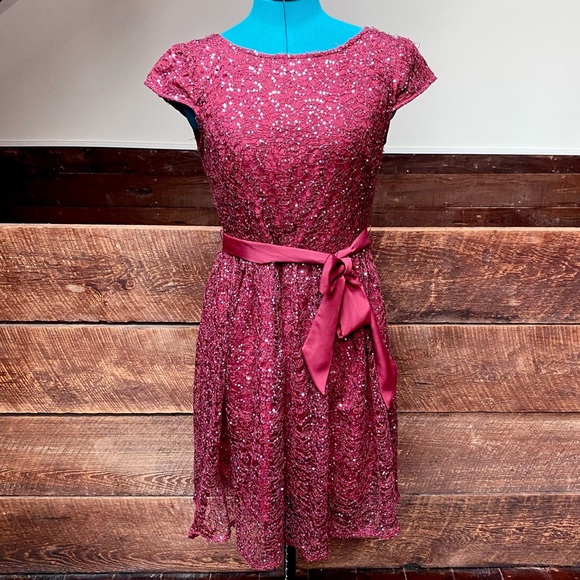 Suzy Chin Sequined Maroon Skater Party Dress - Picture 2 of 11